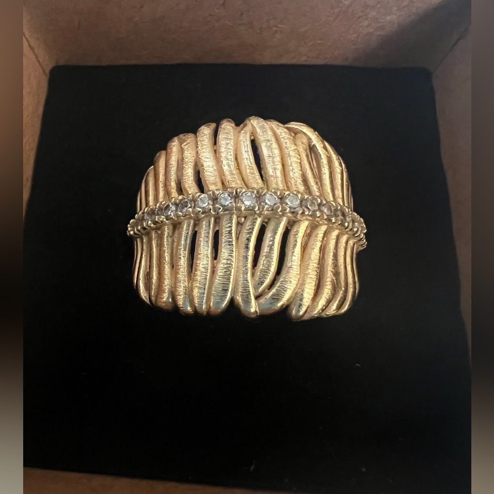 Gold Vermeil Italy .925 Designer Textured Ring with CZ Stone Band